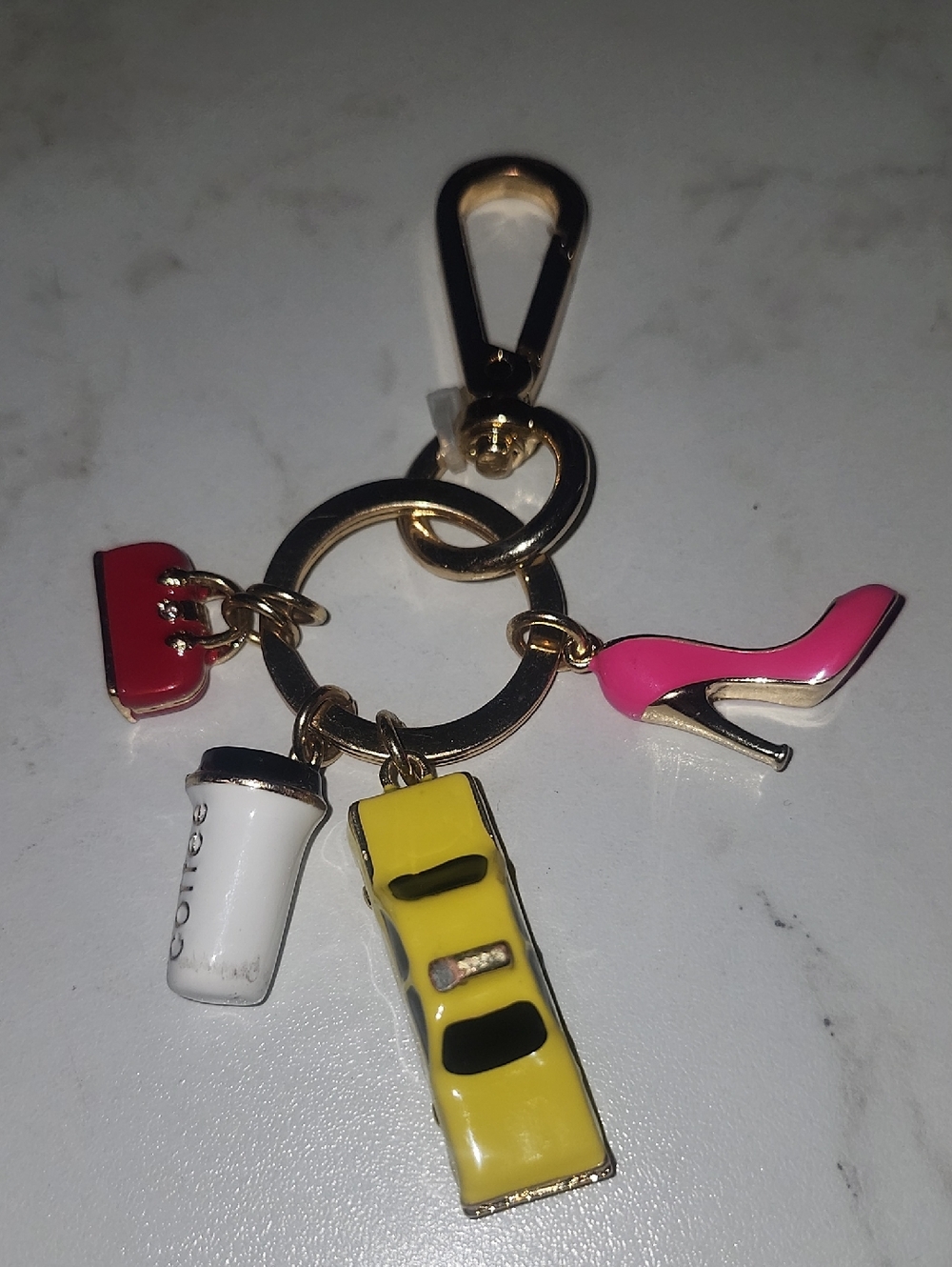 Gold Tone Keychain Charm with Pink High Heel, Yellow Taxi & Coffee Cup & Purse
